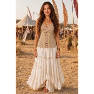 Vintage Y2K Nude Lace-Up Corset Cami Top Fairy Grunge Boho Festival M